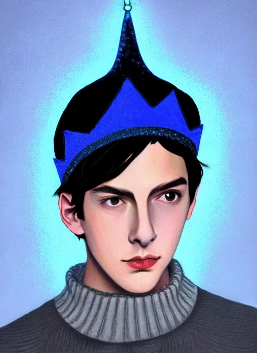 Image similar to portrait of teenage jughead jones wearing a light grey crown, crown, blue turtleneck, 1 9 5 0 s, closed eyes, photorealistic, black hair, glowing lighting, intricate, elegant, glowing lights, highly detailed, digital painting, artstation, concept art, smooth, sharp focus, illustration, art by wlop, mars ravelo and greg rutkowski