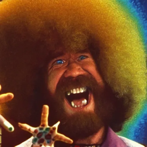 Prompt: bob ross screaming on a bad acid trip