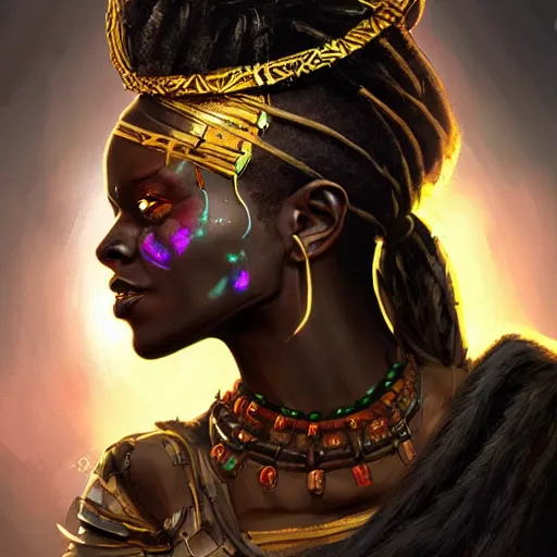 Prompt: a dark and ominous african queen with glowing eyes and a golden crown with a ruby and an emerald in her forehead, Apex Legends character digital illustration portrait design, by android jones and greg rutkowski in a cyberpunk voodoo style, detailed, cinematic lighting, wide angle action dynamic portrait