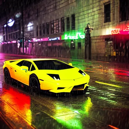 Prompt: neon city Lamborghini wet rainy road