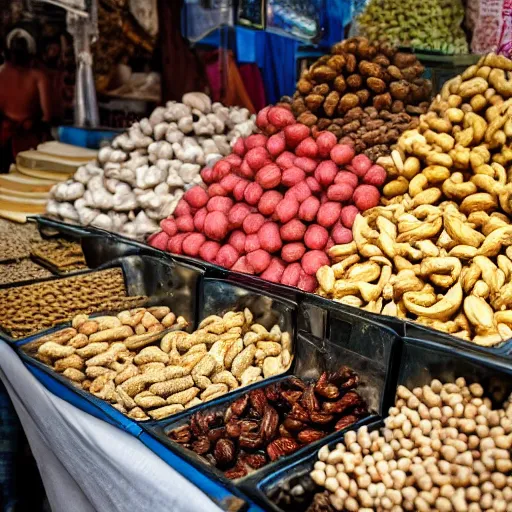 Prompt: photo of dee's nuts. nut seller stand in a bazaar