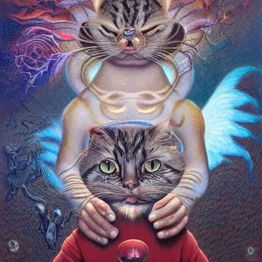 Image similar to a cat having an ego trip, by alex grey, by Esao Andrews and Karol Bak and Zdzislaw Beksinski and Zdzisław Beksiński, trending on ArtStation