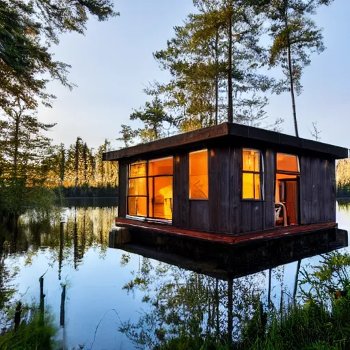 Image similar to a house made of a long hair. The house is made of 3 mammalian abdomens. The fur house sits in a lake on the edge of a forest. A family is living inside the fur house and it is furnished with contemporary furniture and art. ultra wide shot, Coronarender, 8k, photorealistic