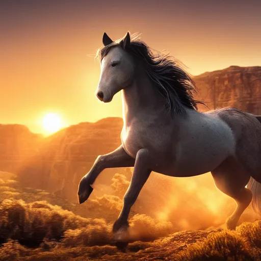 Image similar to spirit, the wild horse from the spirit movie, with the young girl lucky on his back galloping next to a canyon into the sunset, movie poster, intricate detail, 8 k, trending on artstation, octane render