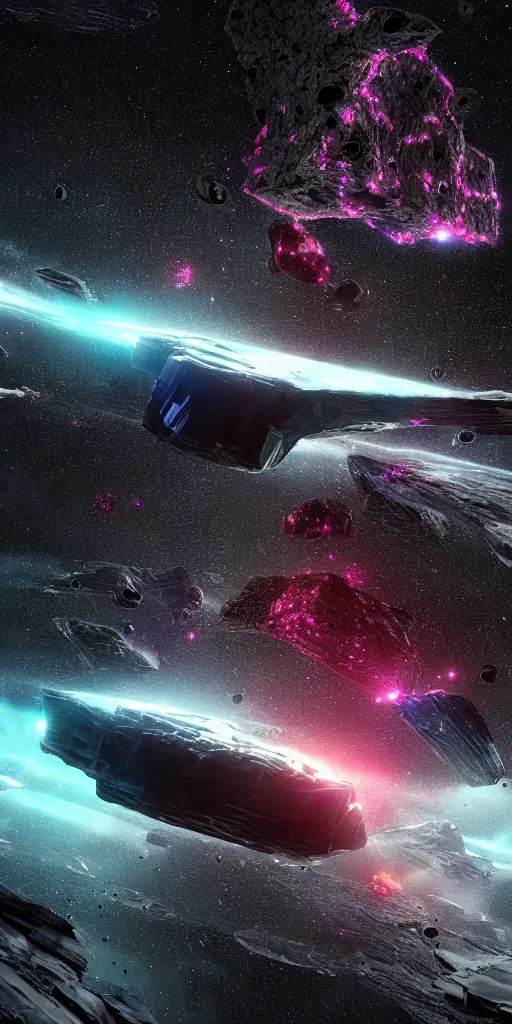 Image similar to interdimensional space cruiser zooming through an asteroid field, epic scale, psychedelic glitch art, trending on art station, photoreal, 8k, octane render