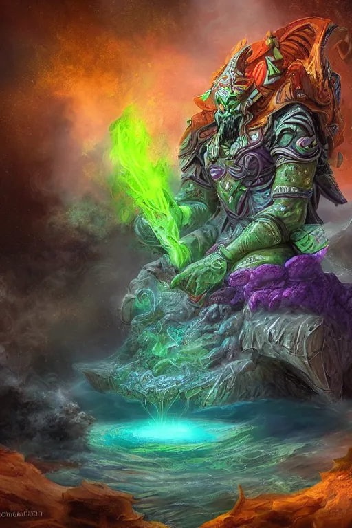 Prompt: Zeratul meditating in an atoll in the sea amidst smoke and steam, vibrant colors, by Samwise Didier and Glenn Rane