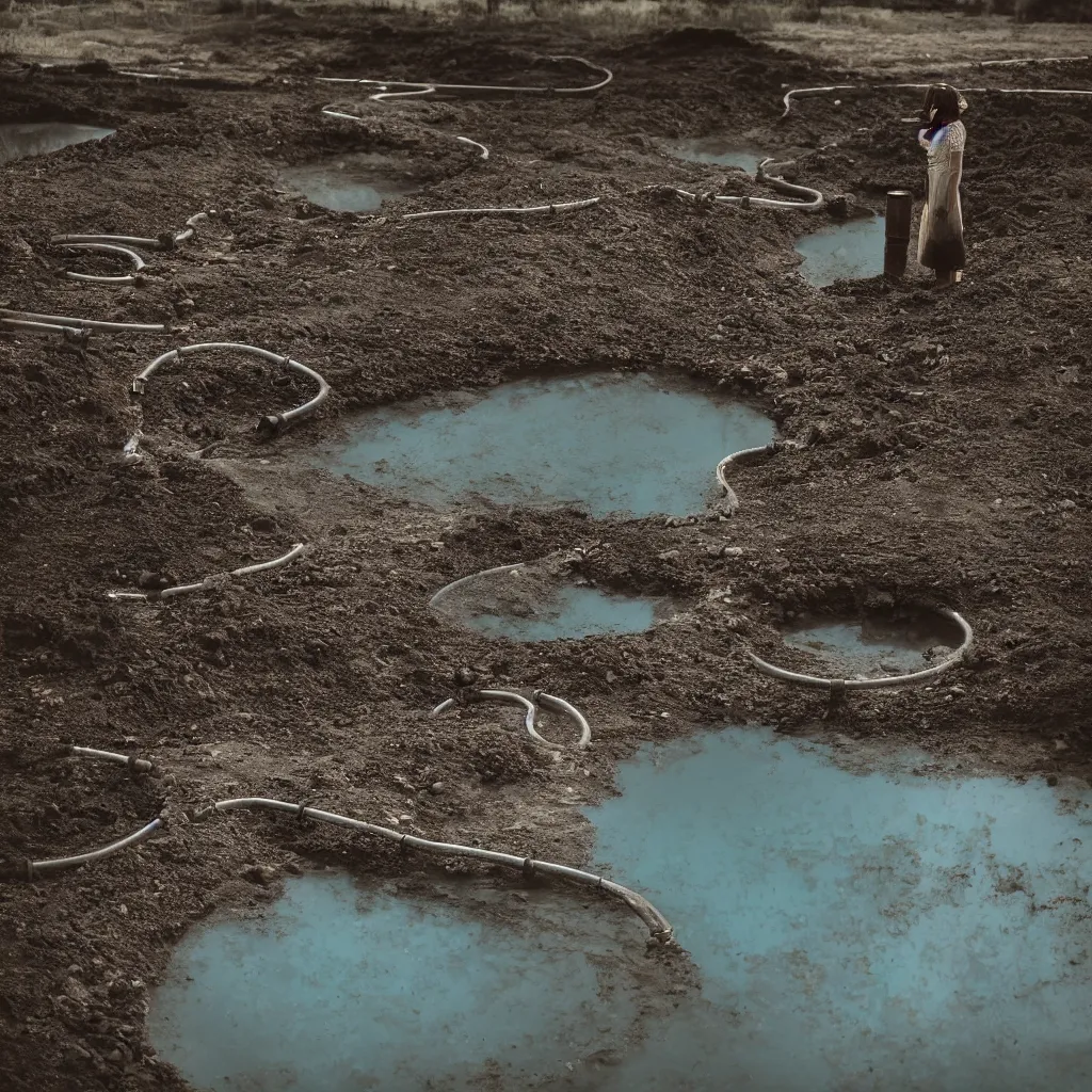 Prompt: a woman buried in oil and crossed by delicate porcelain rusty pipes in a glowing iridiscent lake, sigma, 2 4 mm