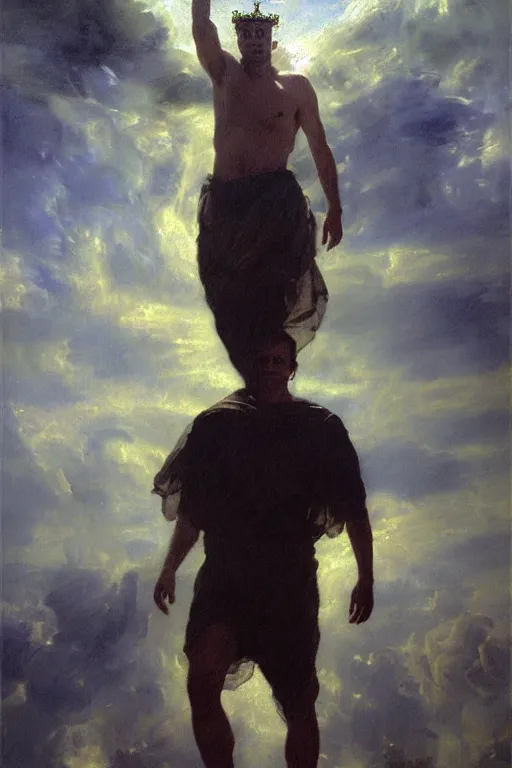 Image similar to beautiful detailed expressive impressionistic oil painting portrait of ancient roman god emperor steve buscemi levitating, ascending into the dark wearing the civic crown, renaissance painting, black background, art by anders zorn, wonderful masterpiece by greg rutkowski, expressive brush strokes, beautiful cinematic light, american romanticism by greg manchess, jessica rossier