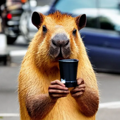 Image similar to capybara policeman drinking coffe