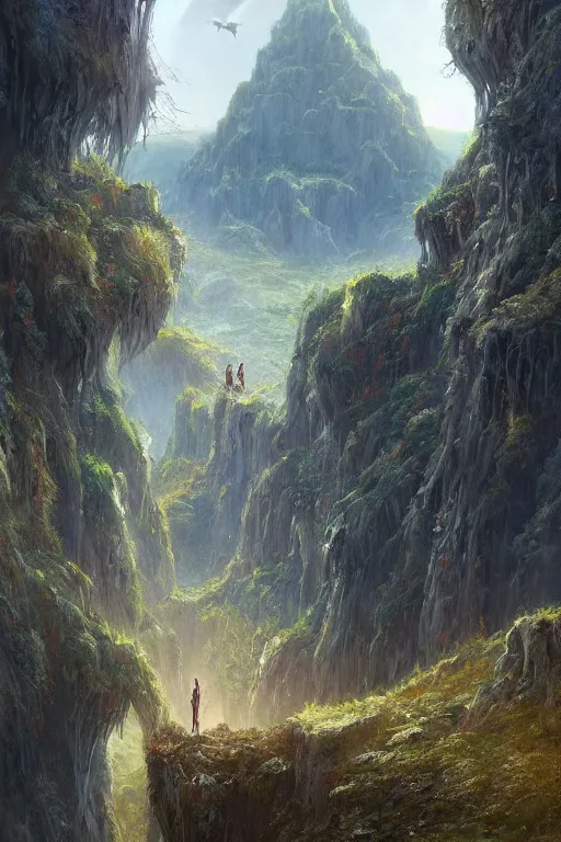 Image similar to amazing concept painting, by Jessica Rossier and HR giger and Beksinski, Rivendell, elvish and greek fortress overlooking a valley, terraces, hallucination, garden of eden