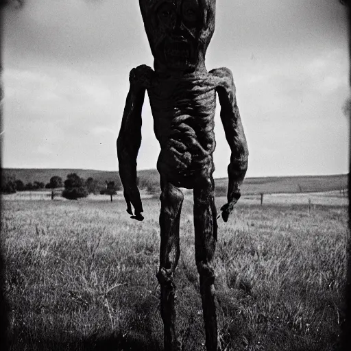 Prompt: scary unproportionally tall disfigured ghost creature in the middle of an old medieval battlefield, 35mm picture