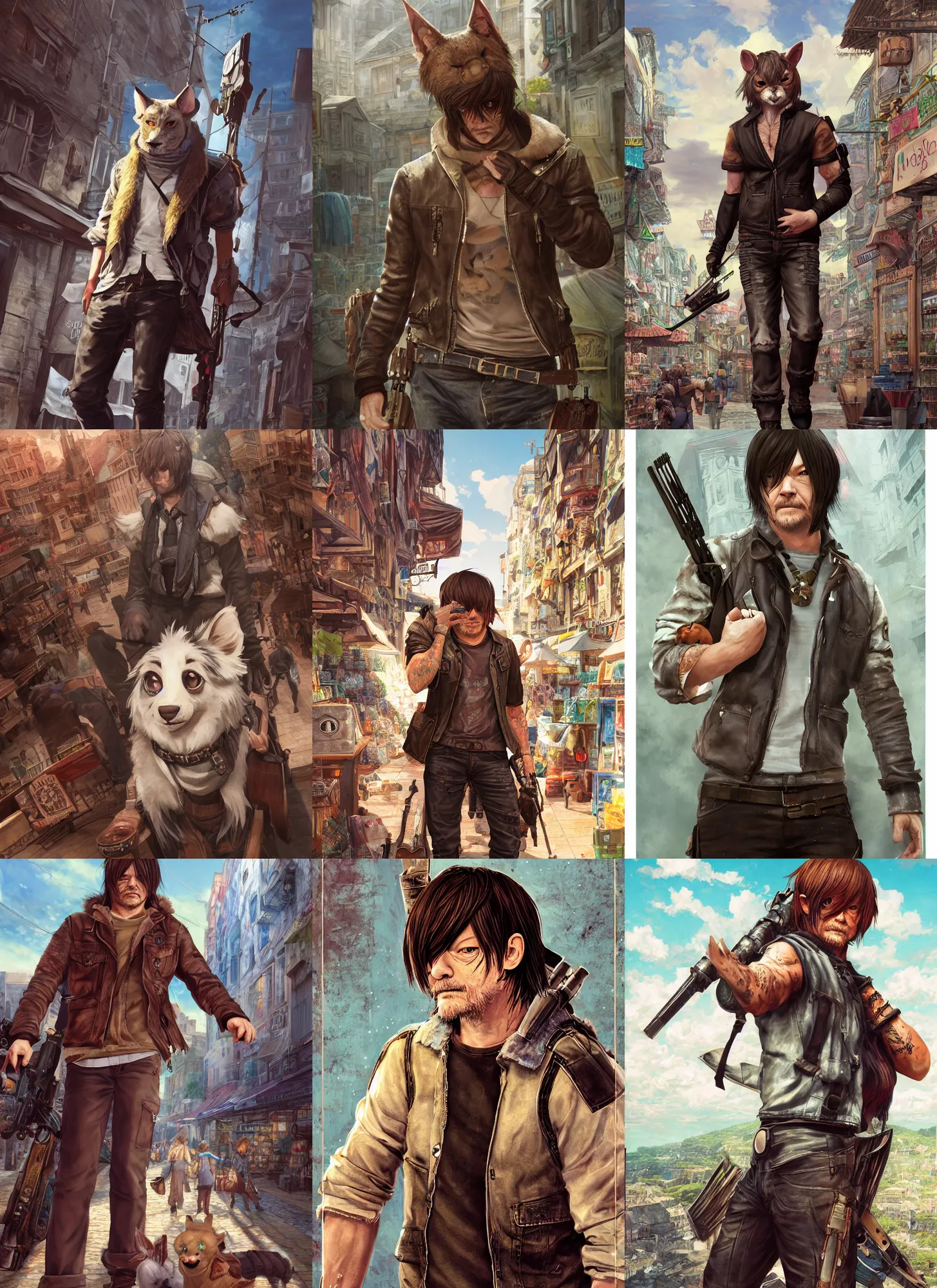 Prompt: full body character anthro fursona portrait of norman reedus with gorgeous detailed eyes in the marketplace in the sky, color page, tankoban, 4 k, tone mapping, doll, akihiko yoshida, james jean andrei riabovitchev marc simonetti, yoshitaka amano, h. hydrochaeris