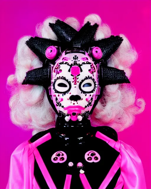 Prompt: symmetrical portrait of a woman face with pink frizzy hair, wearing a embroidered black mask by alexander mcqueen, bjork aesthetic, masterpiece, cyberpunk