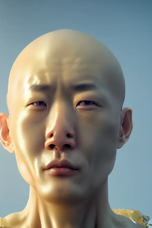 Image similar to hyperrealistic close-up translucent hard exoskeleton!! sad chinese man covered highly detailed concept art eric zener elson peter cinematic side soft yellow light high angle hd 8k sharp shallow depth of field