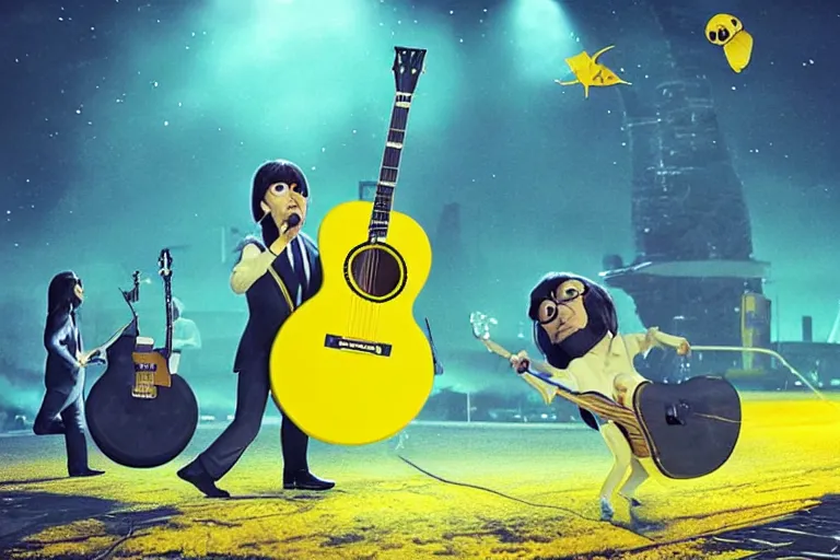 Image similar to the beatles performs with guitar on a giant yellow flying minion, sci fi, art by mike winkelmann, trending on cgsociety, retrofuturism, darksynth, sci - fi