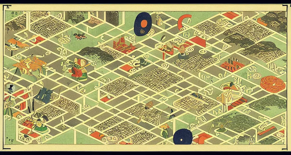 Image similar to isometric miniature map dashboard with time series charts, pie plots and other modern graphics, with small creatures on it. monografia by diego rivera ( ukiyo - e influence )