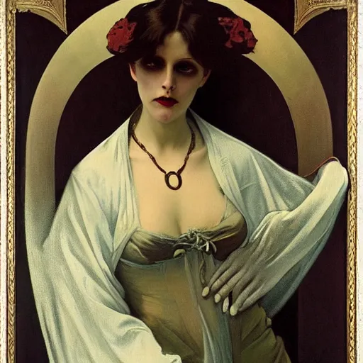 Image similar to A beautiful painting of a lady vampire, victorian, dracula, ominous, oil on canvas, photorealism, alphonse mucha, Johann Heinrich Füssli, irwin penn, high definition, soft light