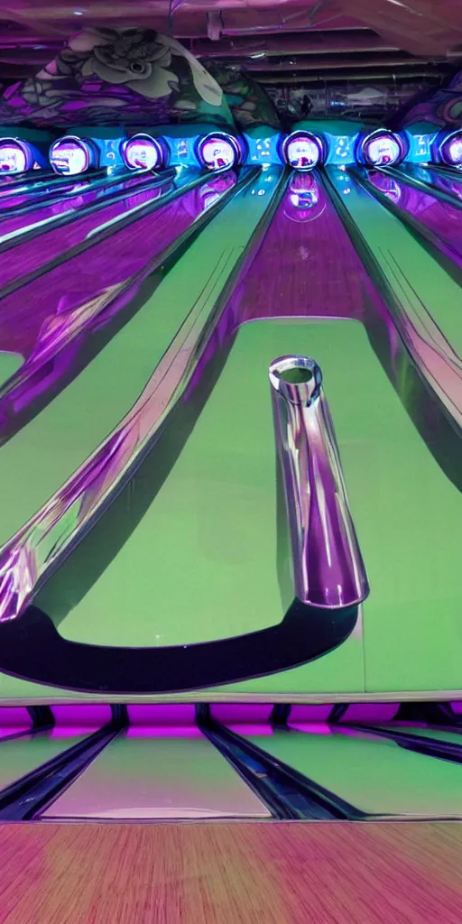 Image similar to a ufo themed bowling alley, green blue and purple color scheme, 1990s