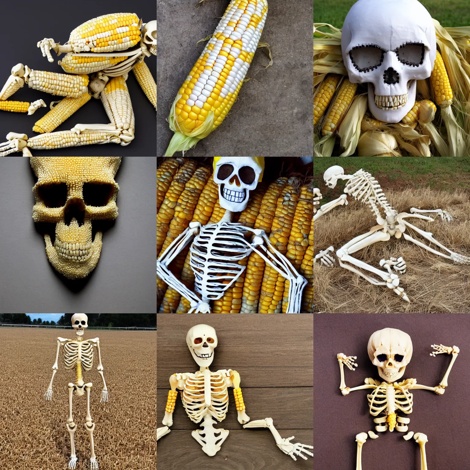 Prompt: skeleton made from corn