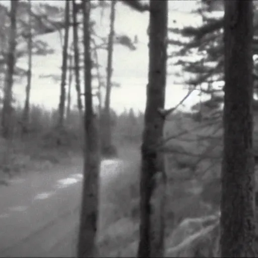 Image similar to A blurry ominous screen capture of found footage video left behind by a missing hiker in 1986