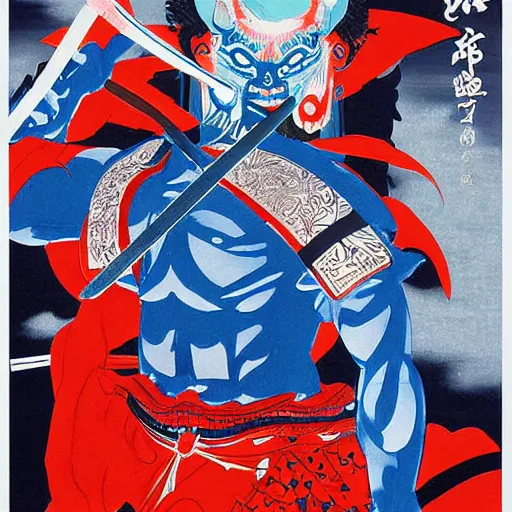 Image similar to a painting of a samurai but a blue oni demon 鬼 👹, poster art by otomo katsuhiro, cgsociety, reimagined by industrial light and magic, official art, poster art