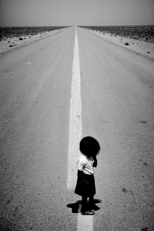 Image similar to photo polaroid of sad and lonely child in the middle of the street, sahara desert, loneliness, black and white ,photorealistic, 35mm film,