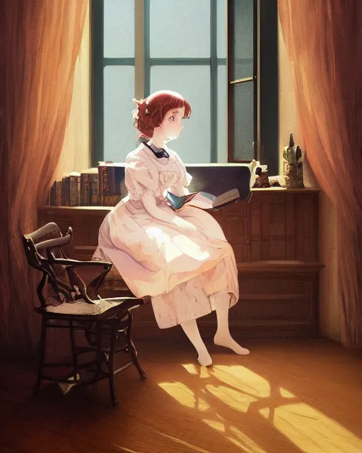 Image similar to a portrait of a victorian maid standing in a victorian reading room, window, bookshelf, holding a stack of books, vivid colors, soft lighting, atmospheric, cinematic, moody, in the style of Ilya Kuvshinov and Range Murata, Krenz Cushart, oil on canvas, anime, 8K