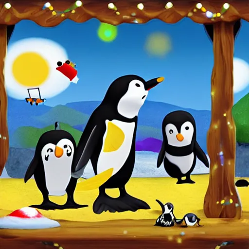 Image similar to pingu playing in a band, festival stage, lots of penguins, robby the seal, photorealistic