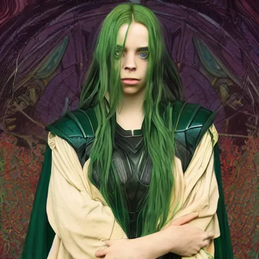 Image similar to Billie Eilish as Female Loki, very detailed, digital art, trending on artstation, concept art, smooth, illustration, art by artgerm and greg rutkowski and alphonse mucha and J. C. Leyendecker and Edmund Blair Leighton and Katsuhiro Otomo and Geof Darrow and Phil hale and Ashley wood and Ilya repin and Charlie Bowater