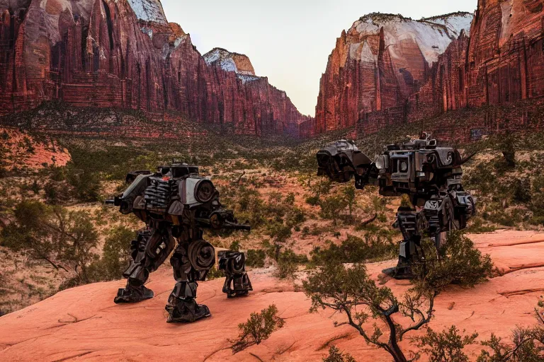 Image similar to cinematography of a cinematic ultra realist and ultra intricate detailed photo of a beautiful sci-fi armored mech shootout in Zion national park by Emmanuel Lubezki