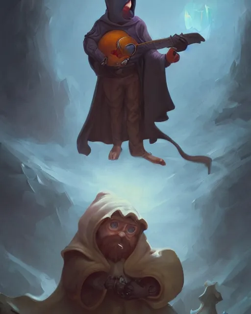 Image similar to male fantasy gnome spy, wearing a hooded cloak, playing a magical mandolin, shadowy figure by peter mohrbacher, artstation