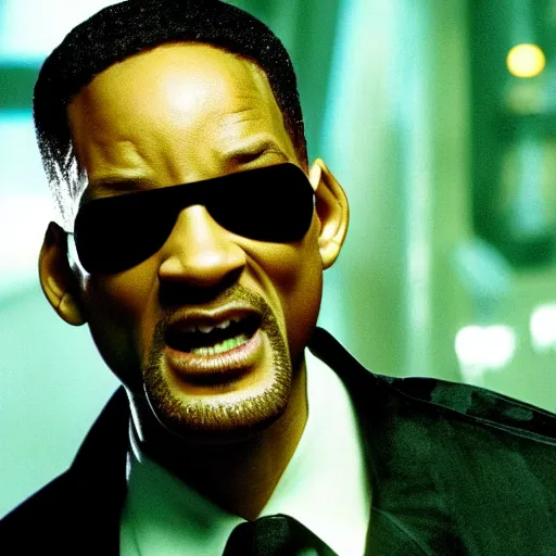 Prompt: A still of Will Smith as Neo from The Matrix. Extremely detailed. Beautiful. 4K. Award winning.