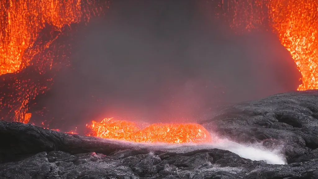 Image similar to person in armor surfing down a river of lava on the side of a volcano on surfboard, action shot, dystopian, thick black smoke and fire, motion blur, sharp focus, cinematic, tilt shift lens