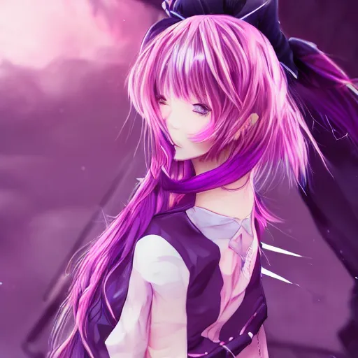 Image similar to aesthetic, e - girl, anime cosplay, cute, adorable, 4 k, hyper realistic, purple - pink hair, warmth, night - time, dark colors and hightlights, mood