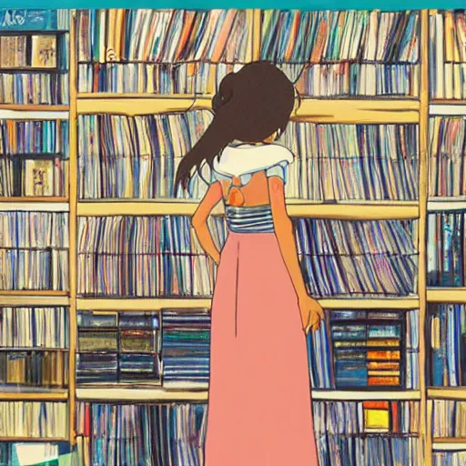 Prompt: girl in a record store, art by studio ghibli