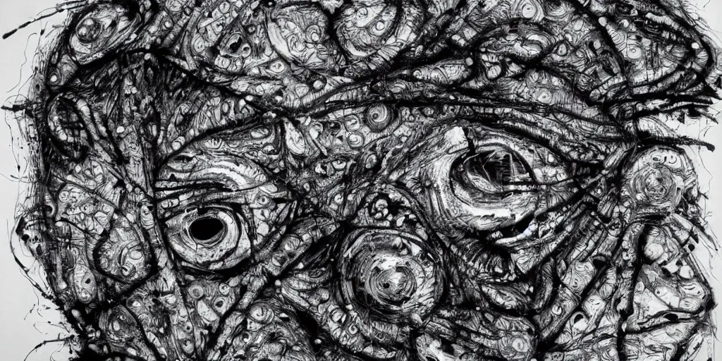 Image similar to camo of eyes, technical, acrylic, teeth, eerie, tribal, clay, dots, lines, stipple, points, grid, cybernetic, old painting, francis bacon art, swirly eyes, hypnosis, eerie, terror, oil, neon, black and white, splotches