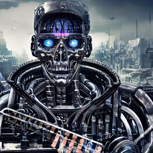 Image similar to highly detailed portrait of a terminator with borg enhancements, 8k. There is a dystopian city in the background