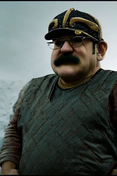 Image similar to very very intricate photorealistic photo of wario wearing his hat in an episode of game of thrones, photo is in focus with detailed atmospheric lighting, award - winning details