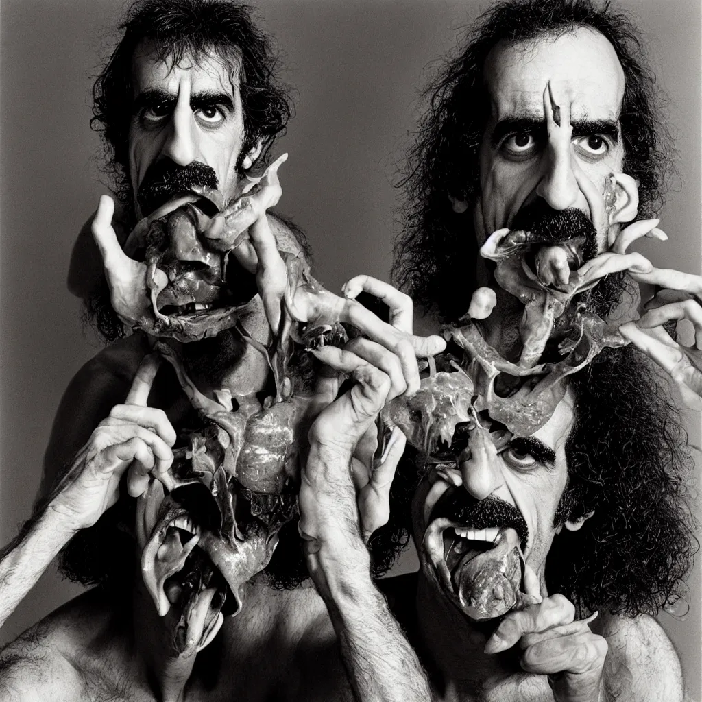 Image similar to award winning photo of frank zappa eating himself, vivid colors, happy, symmetrical face, beautiful eyes, studio lighting, wide shot art by Sally Mann & Arnold Newman