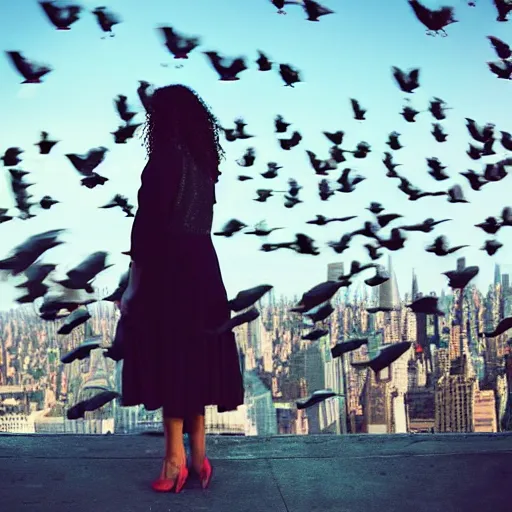 Image similar to “a woman wearing a dress that is turning into a flock of pigeons, standing on the roof of an urban building in NYC, fashion photography, photorealistic, bloom lighting”