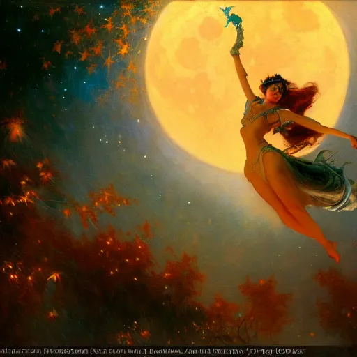 Image similar to attractive witch magically flying trough the night, fantasy, full moon in background. highly detailed painting by gaston bussiere, craig mullins, j. c. leyendecker 8 k