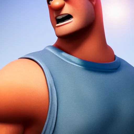 Prompt: handsome thin athletic white man with short buzzed widows peak hair, facial stubble, and eyes are blue, wearing tank top, posing outside, depicted as a Pixar character, high quality cg render, 4k