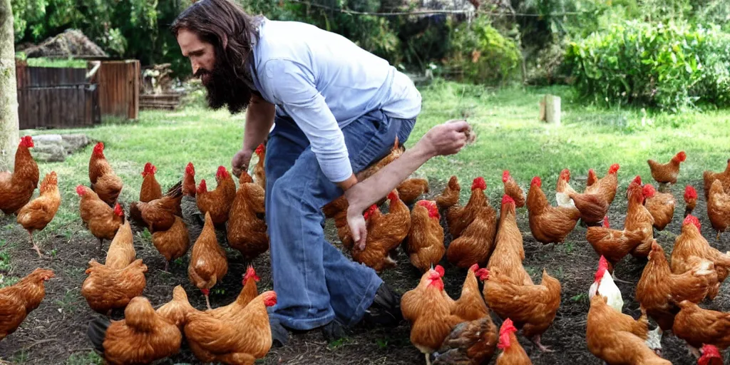 Prompt: Jesus is feeding the chickens