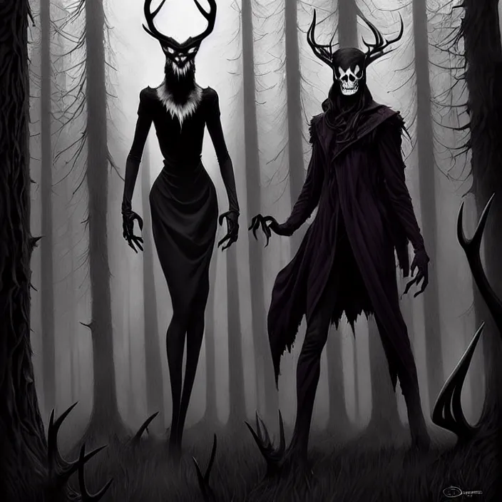 Image similar to style artgerm, joshua middleton, diego fazio, gerald brom : : scary wendigo with antlers and skull face mixed with werewolf : : [ beautiful witch wearing a black dress, symmetrical face, on the right side ] : : in the forest, detailed, dark and foggy, cinematic lighting