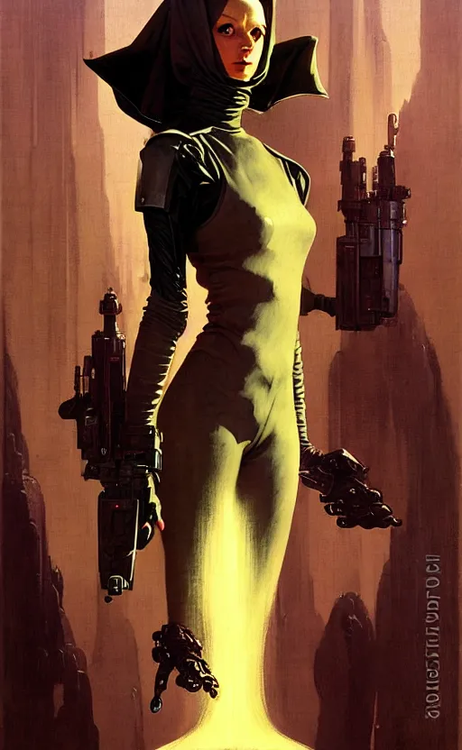 Image similar to pulp scifi fantasy spot illustrations of various character concepts, android girl, burka, futuristic design, crafting, diy, by norman rockwell, roberto ferri, daniel gerhartz, edd cartier, jack kirby, howard brown, ruan jia, tom lovell, jacob collins, dean cornwell, astounding stories, amazing, fantasy, other worlds