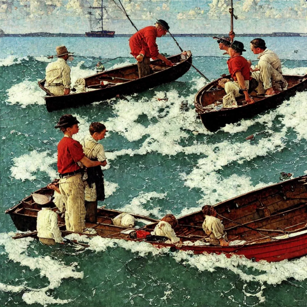 Image similar to a boat on the sea, oil on canvas, by norman rockwell