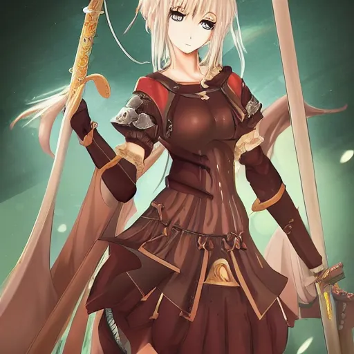 Image similar to a beautiful anime girl knight medieval, epic, full view, sachucci 9 5