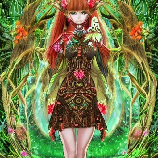 Image similar to cute female forest spirit wearing ornate floral cybernetic hungarian valentino resort dress in a 3 d psx ps 2 jrpg style, fighting fantasy monsters creatures, bright esoteric magical alien meadow ritual environment, fashion gameplay screenshot, highly detailed, atelier, xenogears