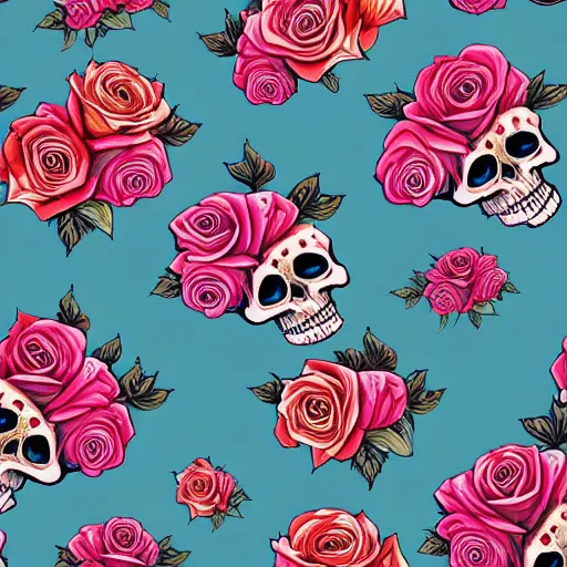 Image similar to large skulls and vivid roses seamless pattern, Jen Bartel, Dan Mumford, Satoshi Kon, gouache illustration