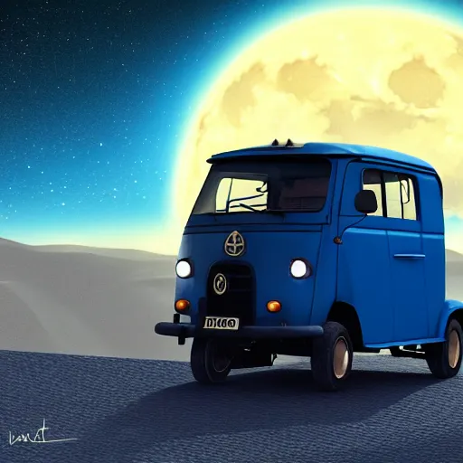 Prompt: a dark blue tuk tuk flying across the night sky, science fiction, milky way, moon, matte painting, concept art, 4k